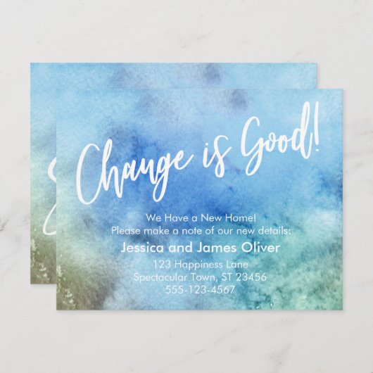 Verandering is goed! Blauwgroene Waterverf Aankond Kaart (Voorkant / Achterkant)