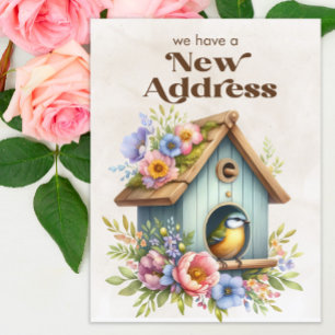Verandering van adres Birdhouse Flowers Aankondigingskaart