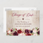 Verandering van datum Rustic Wood Burgundy Red Flo Briefkaart (Voorkant / Achterkant)