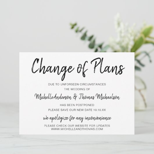 Verandering van plannen eenvoudig zwart-wit save the date (Staand voorkant)