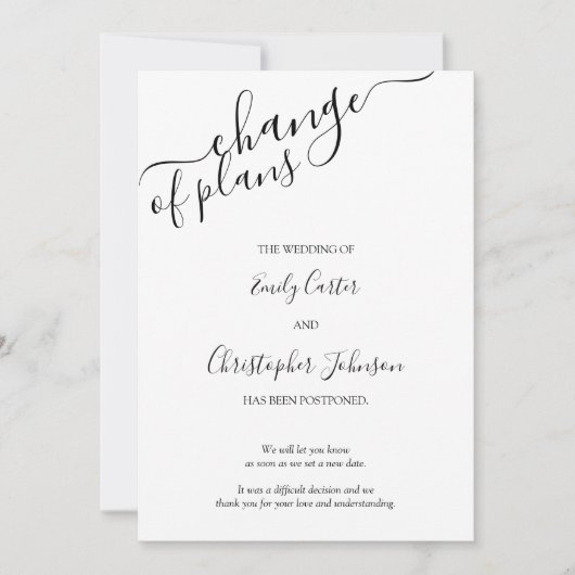 Verandering van plannen Elegant Script Black White Save The Date (Voorkant)
