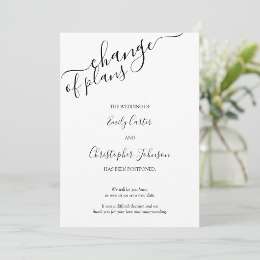 Verandering van plannen Elegant Script Black White Save The Date (Staand voorkant)