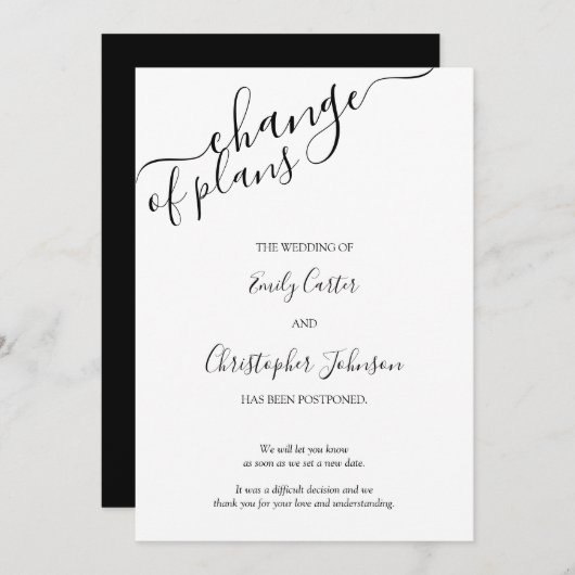 Verandering van plannen Elegant Script Black White Save The Date (Voorkant / Achterkant)