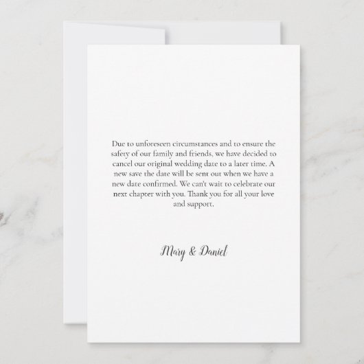Verandering van Plannen Huwelijksuitstel Calligraf Kaart (Achterkant)