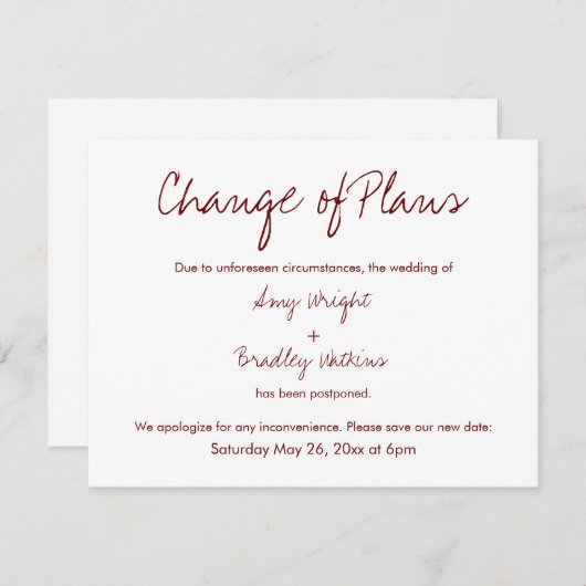 Verandering van plannen uitgesteld bruiloft rood e kaart (Voorkant / Achterkant)