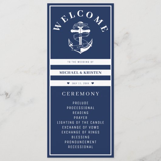 Verankerd in Liefde Nautisch Blauw Anker Bruiloft Programma (Voorkant)