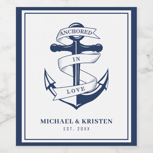 Verankerd in Liefde Wit Nautisch Anker Bruiloft Wijn Etiket (Enkel label)