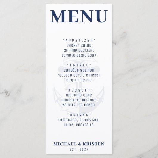 Verankerd in liefde Witte maritieme anker bruiloft Menu (Voorkant)