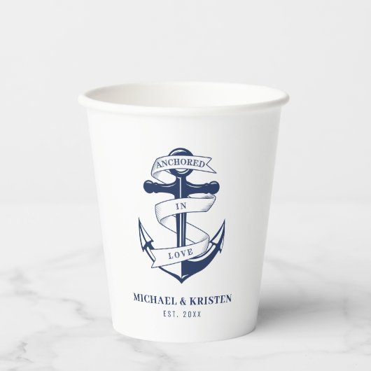 Verankerd in liefde Witte scheepsanker bruiloft  Papieren Bekers (Voorkant)