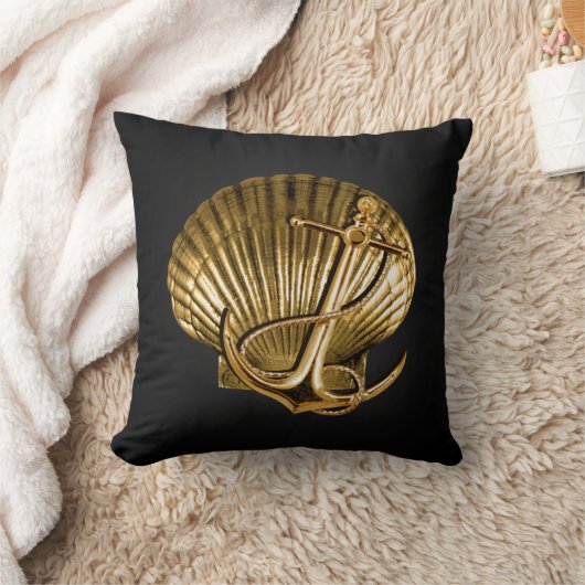 Verankerd Seashell Nautical | zwart en goud Kussen (Deken)