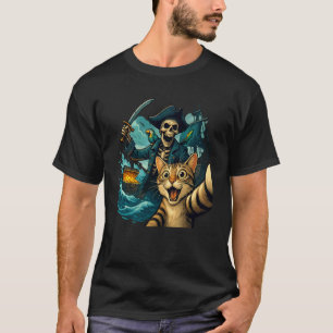 Verbaasde Bange Kat Selfie Met Skelet Piraat K T-shirt