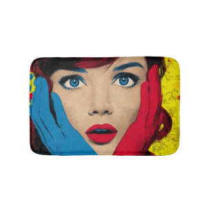 Verbaasde vrouw in popart badmat