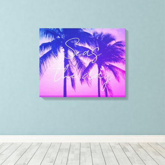 Verbazingwekkende neon roze zonsondergang palmboom canvas afdruk (Insitu (Houten vloer))
