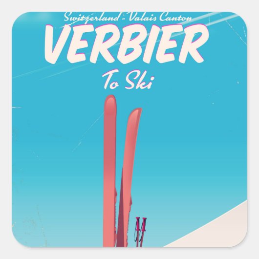 Verbier, skiposter Zwitserland. Vierkante Sticker (Voorkant)
