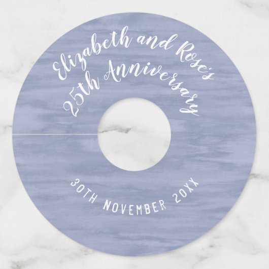 Verbleekt Blauw Jubileum Papier Wijnglas Labels (Voorkant)