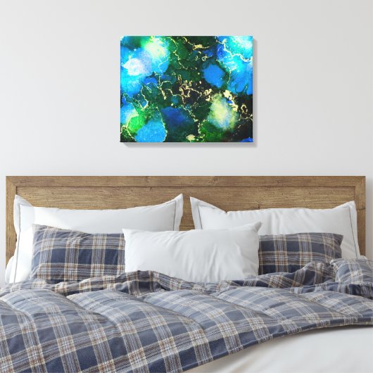 Verbluffend blauw en goudalcoholinkt canvas afdruk (Insitu (Slaapkamer))