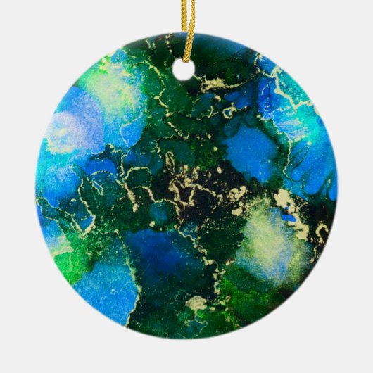 Verbluffend blauw en goudalcoholinkt keramisch ornament (Voorkant)