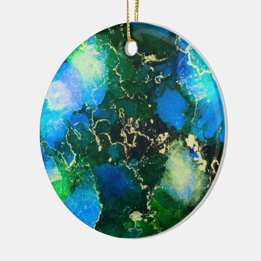 Verbluffend blauw en goudalcoholinkt keramisch ornament (Links)