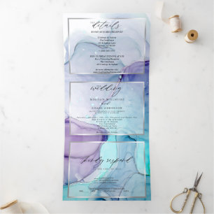 Verbluffende Aqua Violet Abstract Ink Tri Fold Inv Drieluik Uitnodiging