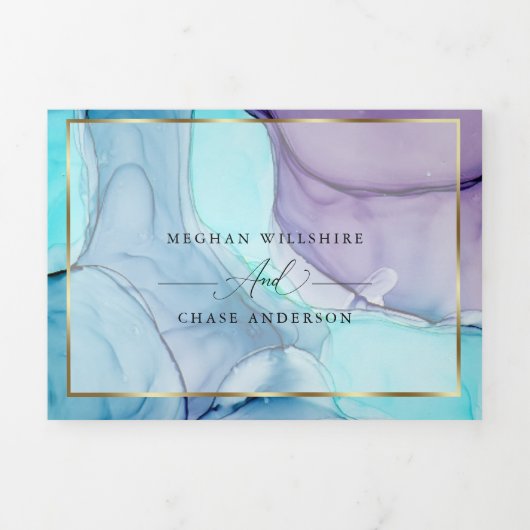Verbluffende Aqua Violet Abstract Ink Tri Fold Inv Drieluik Uitnodiging (Cover)