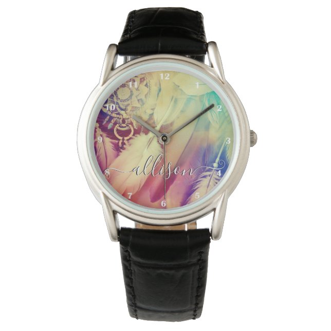 Verbluffende Boho Bohemian Dreamcatcher Feathers C Horloge (Voorkant)