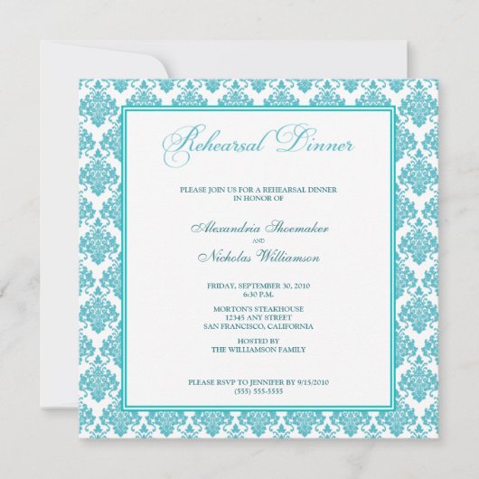 Verbluffende Damask Rehearsal Dinner Invite (aqua) Kaart (Voorkant)
