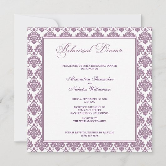 Verbluffende Damask repesal Dinner Invite (paars) Kaart (Voorkant)