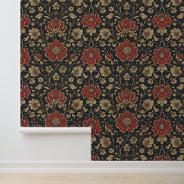 Verbluffende gouden rode bloemmotief schil en stok behang