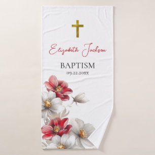 Verbluffende rode witte bloemen Orthodoxe doop cad Badhanddoek