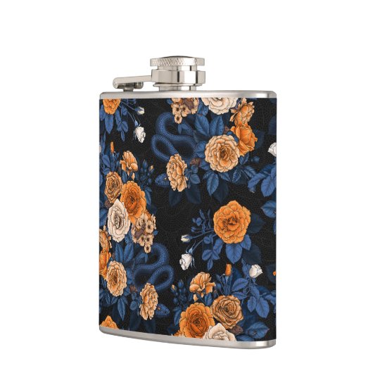 Verborgen in de rozen, oranje en blauw heupfles (Links)