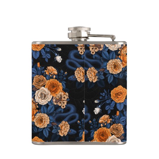 Verborgen in de rozen, oranje en blauw heupfles (Achterkant)