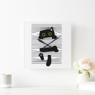 Verborgen Zwarte Kat Schattig Grappig Minimalistis Vierkante Klok