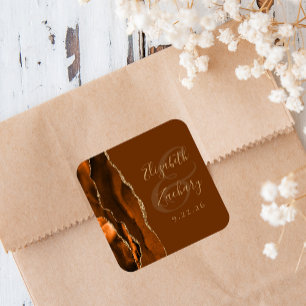 Verbrand Oranje Agate Goud Bruine Trouw Vierkante Sticker