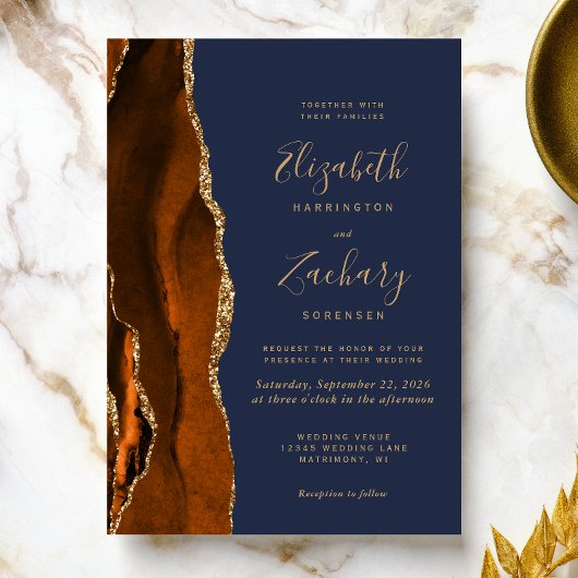 Verbrand Oranje Agate Goud Marineblauw Bruiloft Kaart