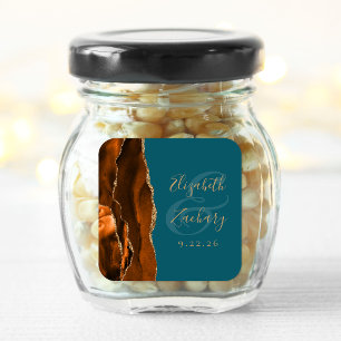 Verbrand Oranje Agate Goud Teal Bruiloft Vierkante Sticker