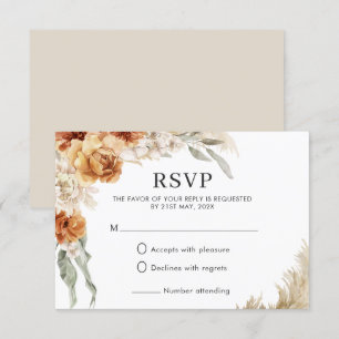 Verbrand Oranje Bloemige Pampas Boho Bruiloft  RSVP Kaartje