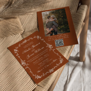 Verbrand Oranje Bloemige Terracotta QR Code Bruilo Kaart