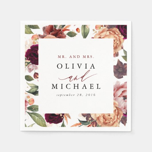 Verbrand Oranje en Burgundy Rood Rustieke Bloemen Servet (Voorkant)