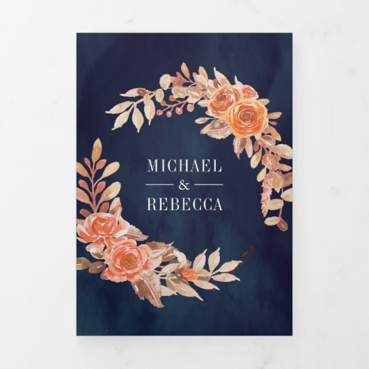 Verbrand Sinaasappel Bloemen Fotocollage Navy Wedd Drieluik Uitnodiging (Cover)