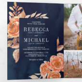 Verbrand Sinaasappel Bloemen Fotocollage Navy Wedd Drieluik Uitnodiging (Binnenzijde eerst)