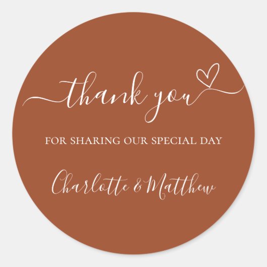 Verbrand sinaasappel dank je hart bruiloft ronde sticker (Voorkant)