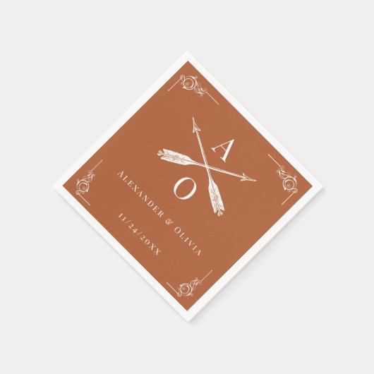 Verbrand Sinaasappel Monogram en Pijlen Bruiloft Servet (Hoek)