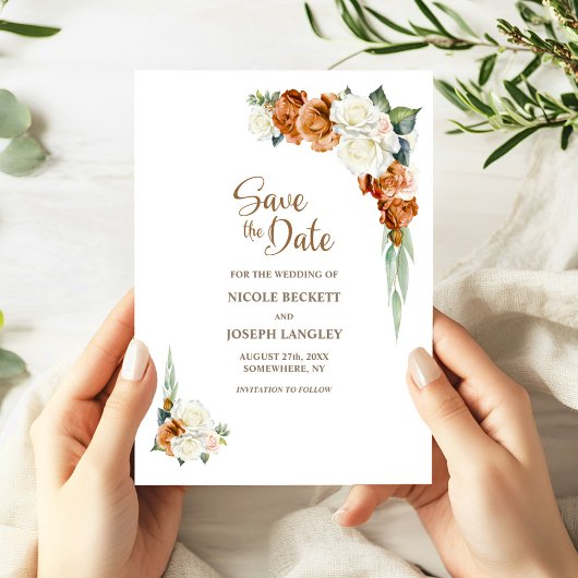 Verbrand Sinaasappel Witte Bloemen Trouwen Save th Save The Date