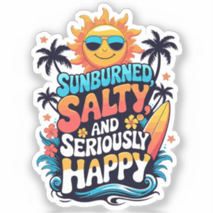 Verbrand, Zout en Gelukkig – Retro Strand Vibe Sticker