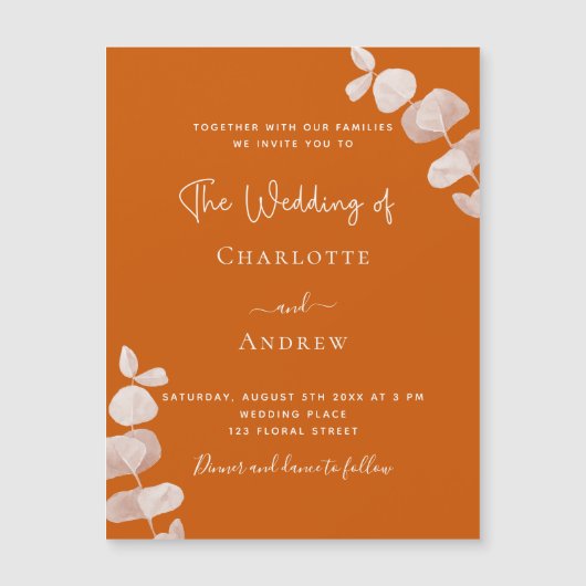 Verbrandde oranje eucalyptusluxebruiloft magnetische uitnodiging (Voorkant)