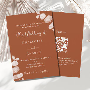 Verbrande oranje eucalyptus QR code luxe bruiloft Kaart