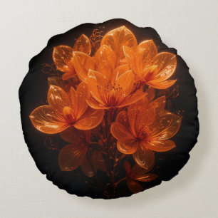 Verbrande oranje glanzende bloemen op zwarte achte rond kussen
