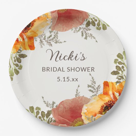 Verbrande Oranje Herfst Bloemige Bruiloft Namen Papieren Bordje (Voorkant)