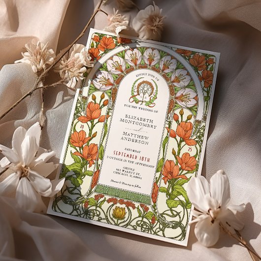 Verbrande Oranje lelies Art Nouveau herfstbruiloft Kaart