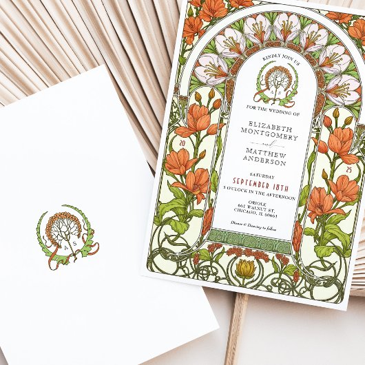 Verbrande Oranje lelies Art Nouveau herfstbruiloft Kaart